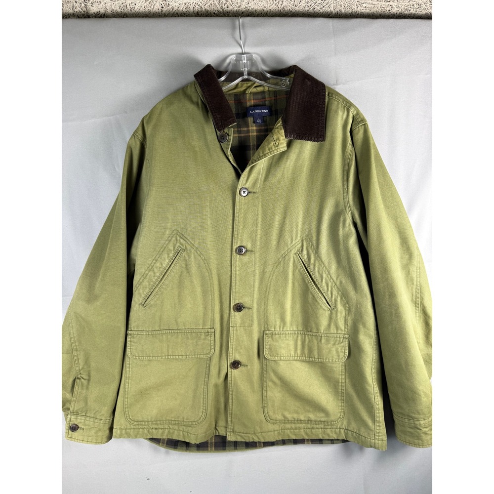 Lands End Mens Chore Coat Olive Green Canvas Field Jacket Lined Large 42-44